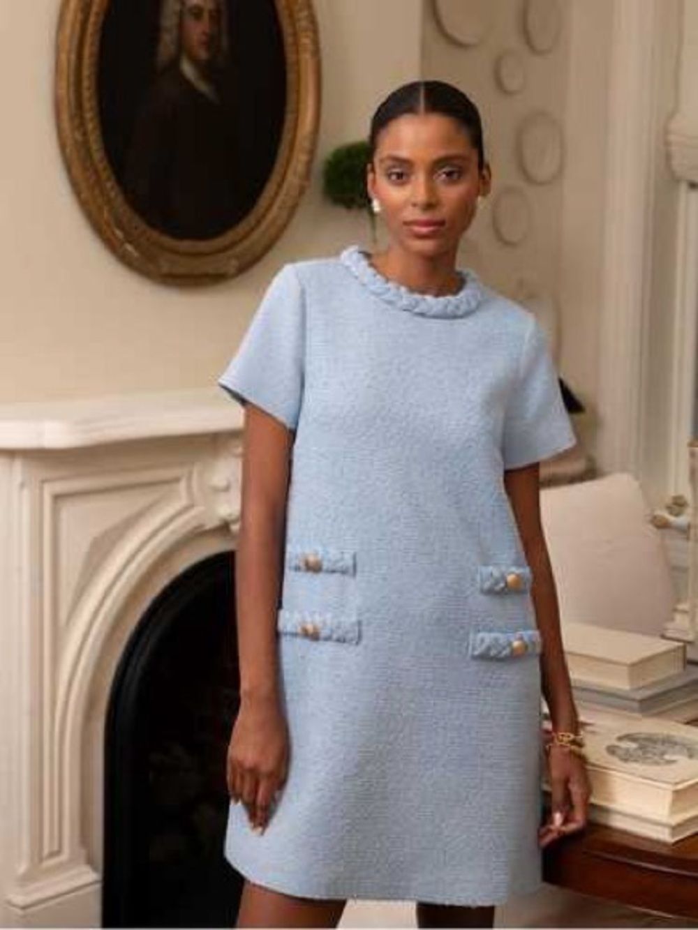 Tuckernuck Jackie Dress Airy Blue Tweed Braided Trim Gold Buttons Size L